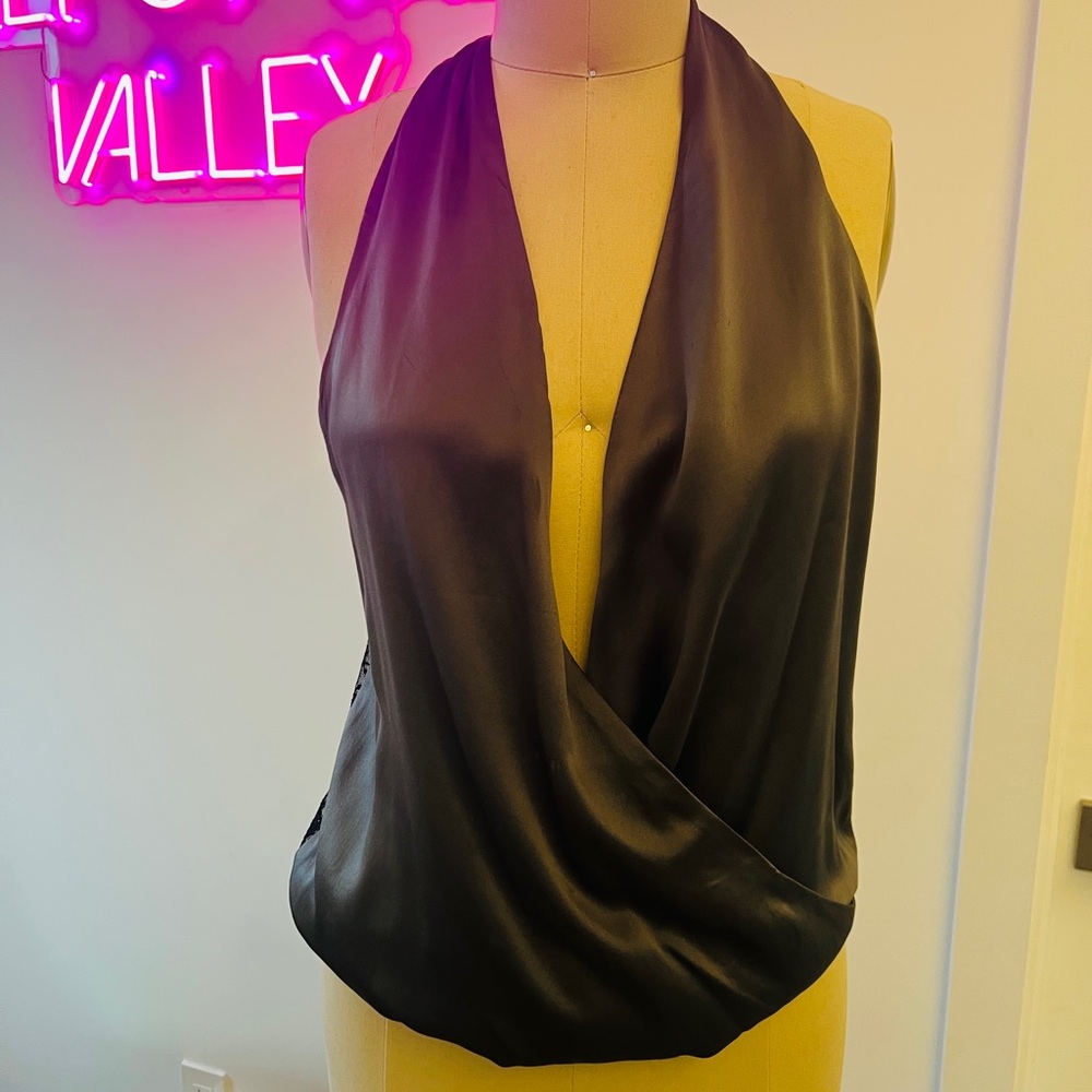 Wyeth Todd McGill Charcoal Satin & Lace Halter Top